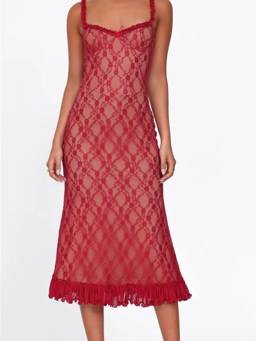 Tiger Mist Deja 90s lace ruffle trim bow detail midi dress in red
